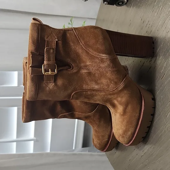 Veronica Beard Hannigan 105mm Lug Sole Platform Block Heel‎ Suede Booties Boots