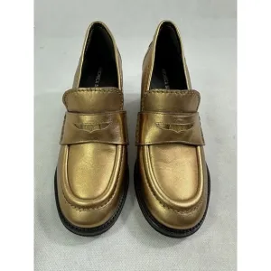 Veronica Beard Metallic Penny Loafer Block Heel Dark Gold Leather Womens 7