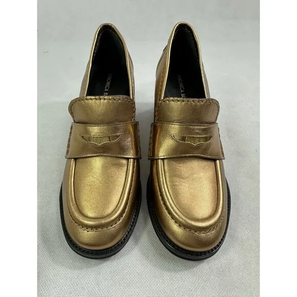 Veronica Beard Metallic Penny Loafer Block Heel Dark Gold Leather Womens 7