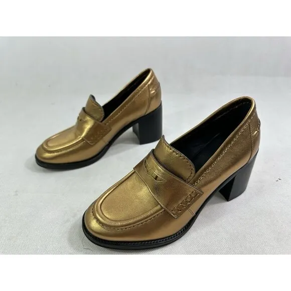 Veronica Beard Metallic Penny Loafer Block Heel Dark Gold Leather Womens 7
