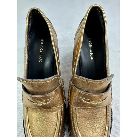 Veronica Beard Metallic Penny Loafer Block Heel Dark Gold Leather Womens 7