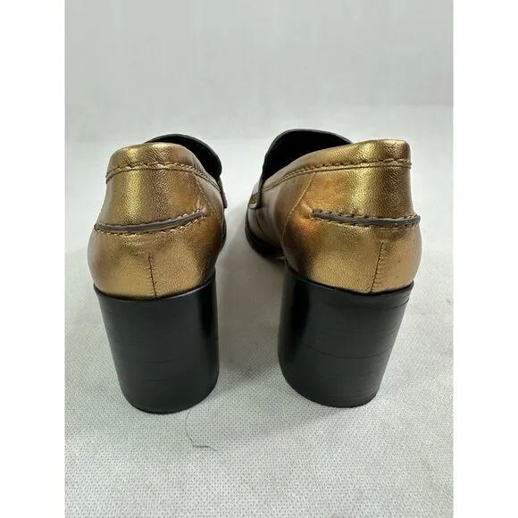 Veronica Beard Metallic Penny Loafer Block Heel Dark Gold Leather Womens 7
