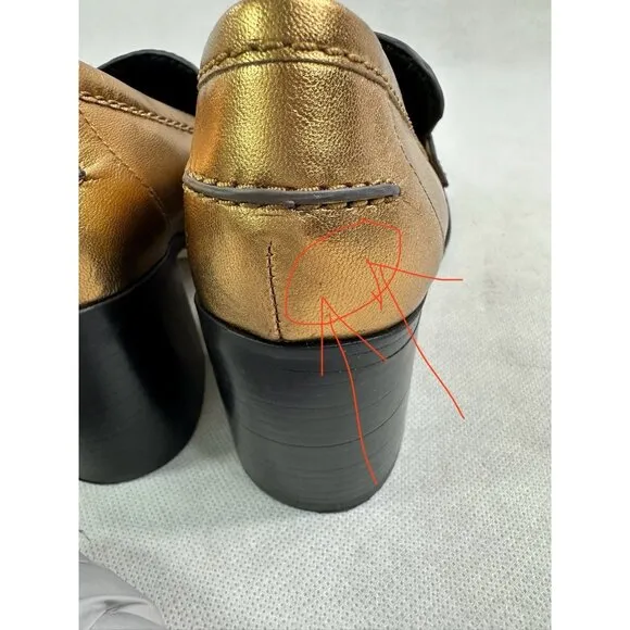 Veronica Beard Metallic Penny Loafer Block Heel Dark Gold Leather Womens 7