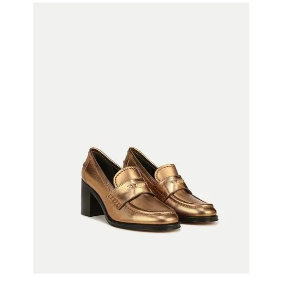 Veronica Beard Metallic Penny Loafer Block Heel Dark Gold Leather Womens 7