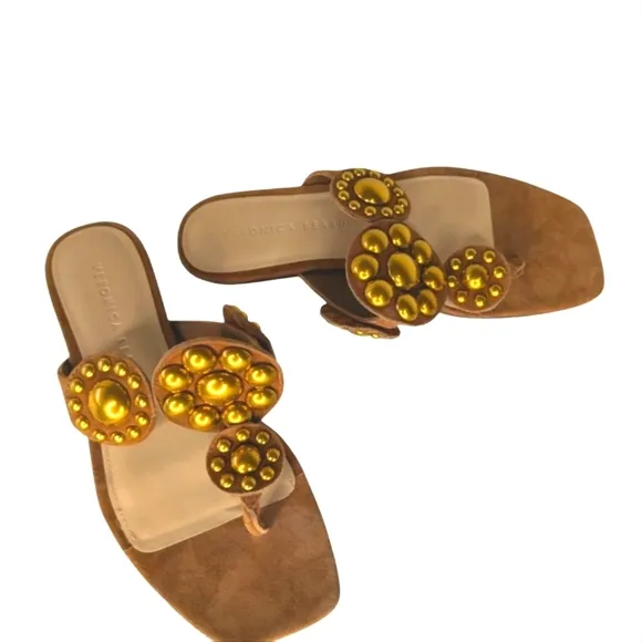 Veronica Beard Minari Hazelwood Suede&amp; Brass T-Strap Sandals....Size 6