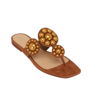 Veronica Beard Minari Hazelwood Suede&amp; Brass T-Strap Sandals....Size 6