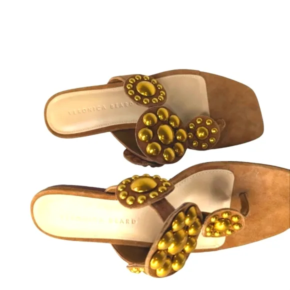Veronica Beard Minari Hazelwood Suede&amp; Brass T-Strap Sandals....Size 6