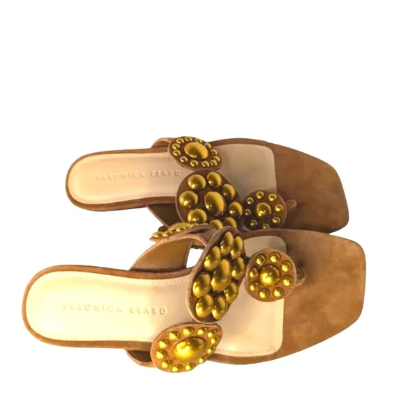 Veronica Beard Minari Hazelwood Suede&amp; Brass T-Strap Sandals....Size 6