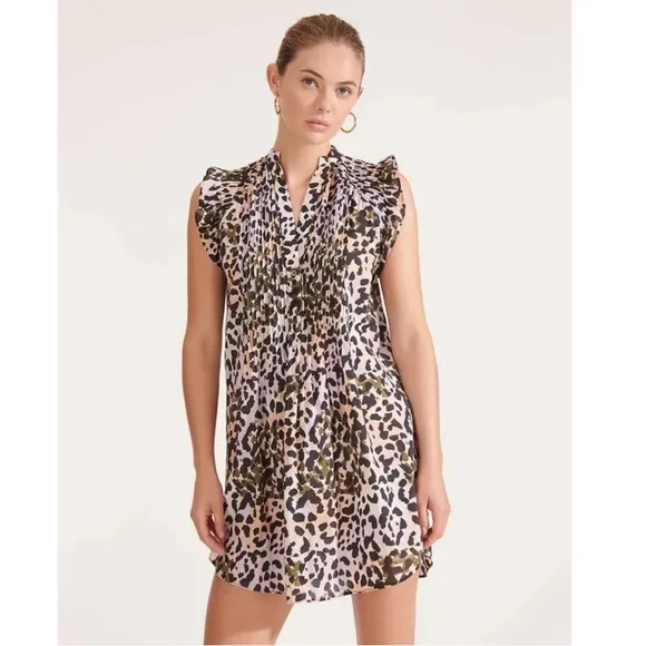 Veronica Beard Marieta Leopard Cover-Up Mini Dress Printed Pintuck Sz. Medium