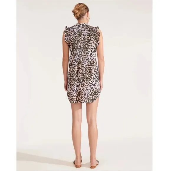 Veronica Beard Marieta Leopard Cover-Up Mini Dress Printed Pintuck Sz. Medium