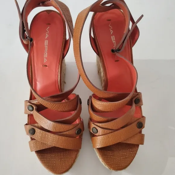 Via Spiga 8.5 Karla Wedge Sandals Platform Wedge 4.75&quot; Heels Espadrilles Leather