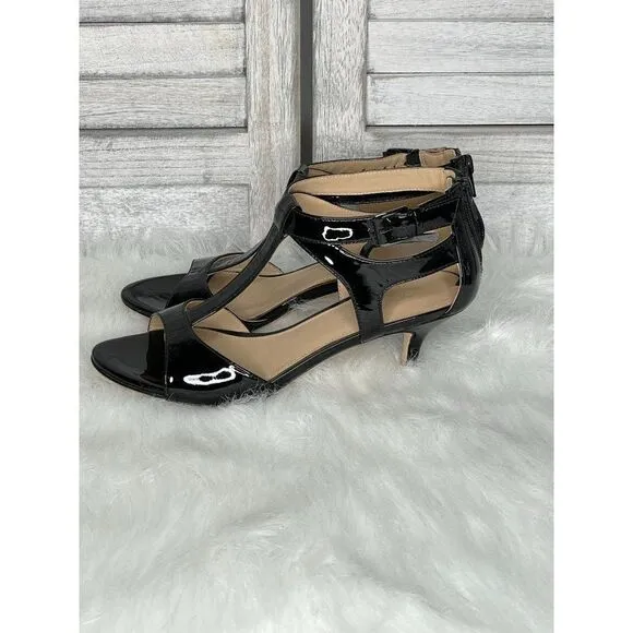 Via Spiga Patent Leather Kitten Heel T Strap Sandals Size 6.5 M NEW NWOB