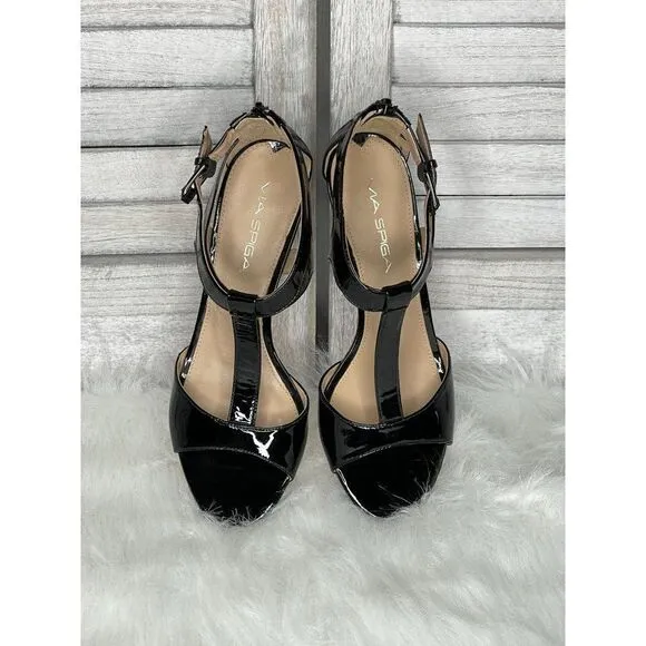 Via Spiga Patent Leather Kitten Heel T Strap Sandals Size 6.5 M NEW NWOB