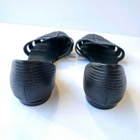 Vince. black leather open side pointy toe strappy flats