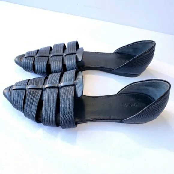 Vince. black leather open side pointy toe strappy flats