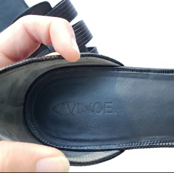 Vince. black leather open side pointy toe strappy flats