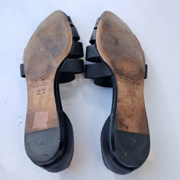 Vince. black leather open side pointy toe strappy flats