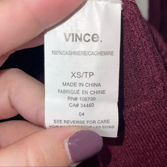 VINCE Burgundy 100% Cashmere Crew Neck Pullover Sweater XS