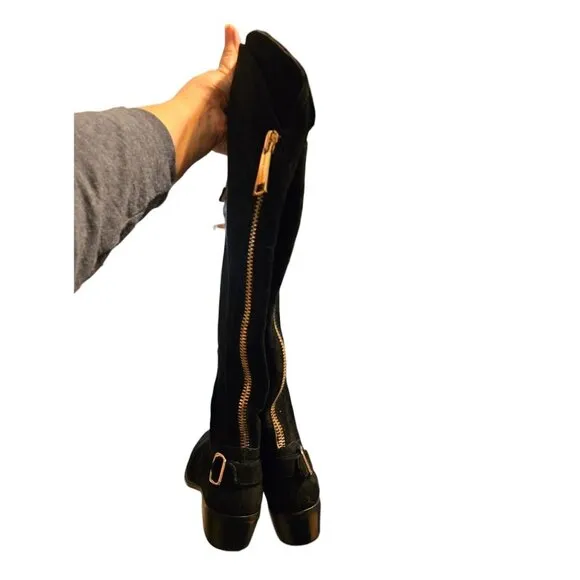 Vince Camuto Beralta Suede Knee-High Boots Women's 8.5 B Gold Buckle Zipper