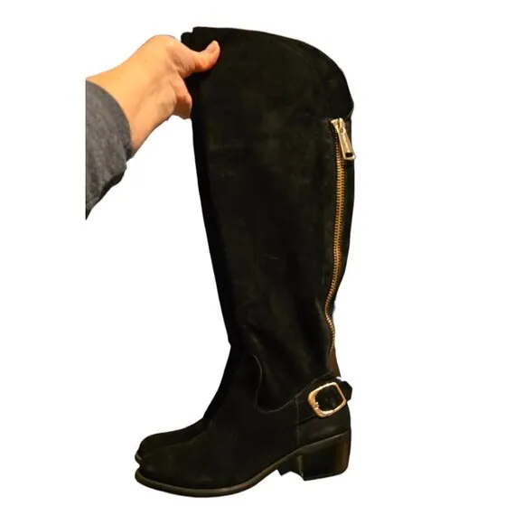 Vince Camuto Beralta Suede Knee-High Boots Women's 8.5 B Gold Buckle Zipper