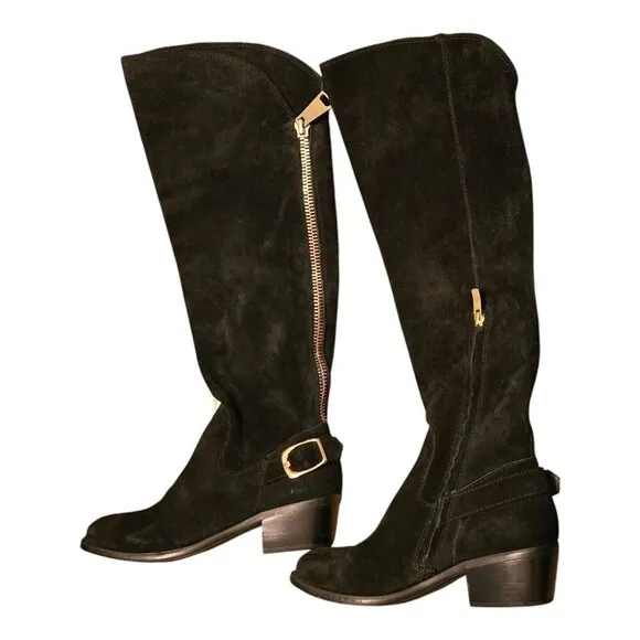 Vince Camuto Beralta Suede Knee-High Boots Women's 8.5 B Gold Buckle Zipper