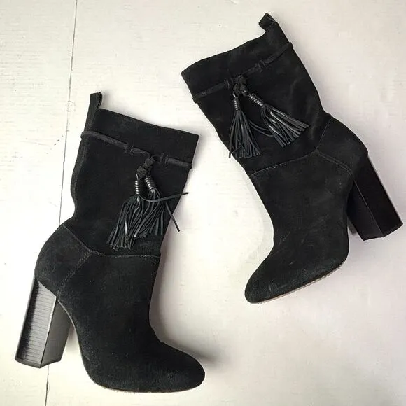 Vince Camuto Fermel Slouch Tassel Suede Leather‎ Boots Mid Calf Black Womens 9M