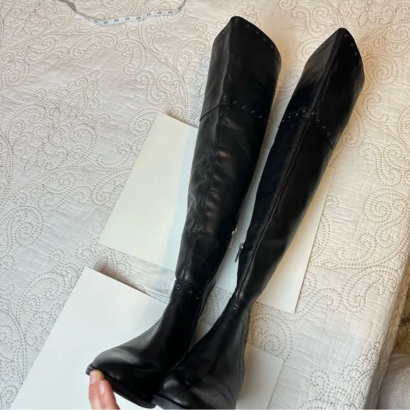 Vince Camuto over knee tall black leather studded boots