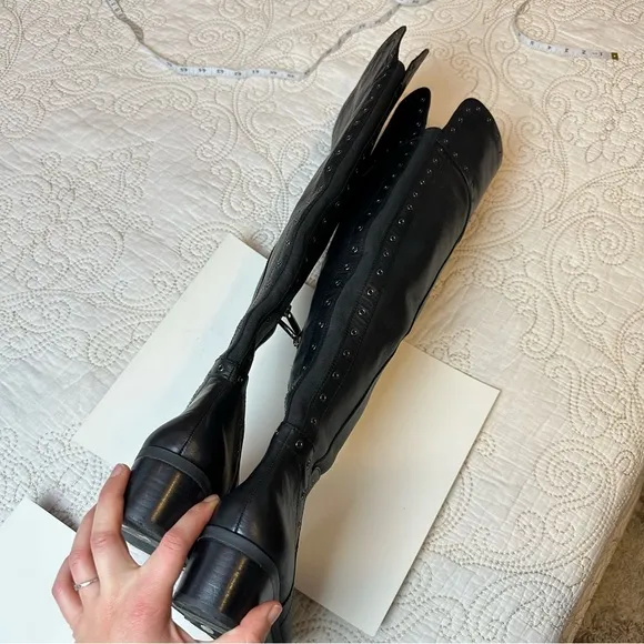Vince Camuto over knee tall black leather studded boots