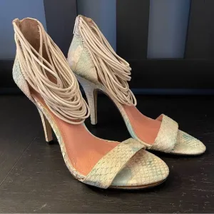 Vince Camuto Wesley Leather Snakeskin White Blue Heel Sandals Women’s Size 9.5