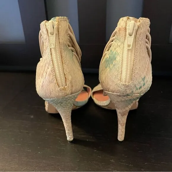 Vince Camuto Wesley Leather Snakeskin White Blue Heel Sandals Women’s Size 9.5
