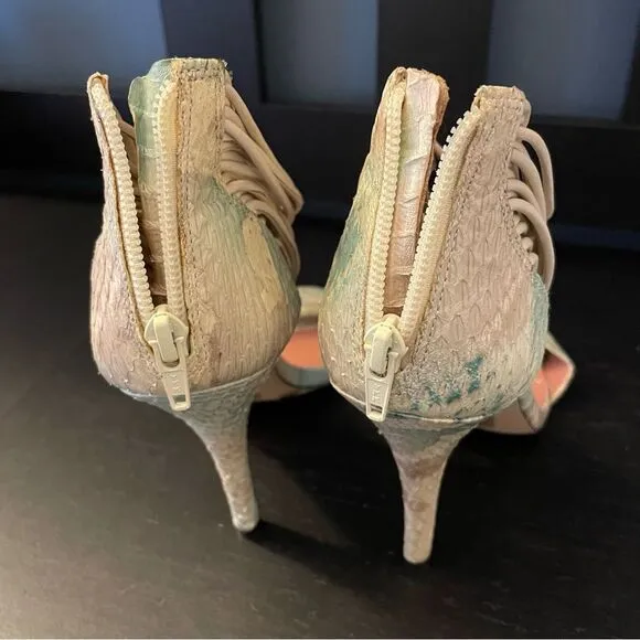 Vince Camuto Wesley Leather Snakeskin White Blue Heel Sandals Women’s Size 9.5