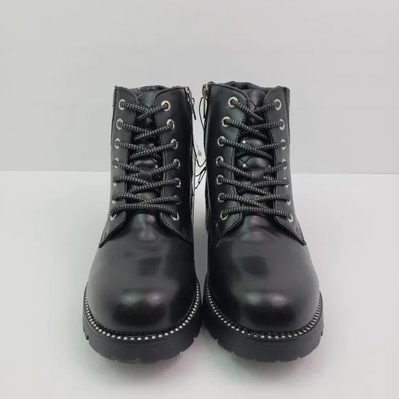 Vince Camuto Womens Size 5.5 Black Rhinestone Lace Up Zip Chunky Ankle Boots