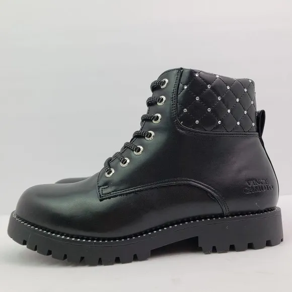 Vince Camuto Womens Size 5.5 Black Rhinestone Lace Up Zip Chunky Ankle Boots