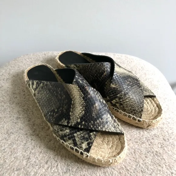 Vince Castel Leather Snakeskin Espadrille Criss Cross Slip On Sandals - Size 5