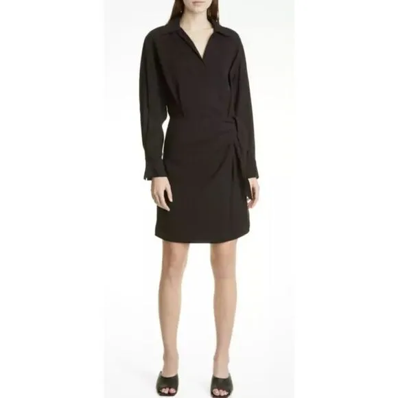 VINCE Long Sleeve Wrap Front Shirt Dress in Black Hammered Weave NWT Size XL