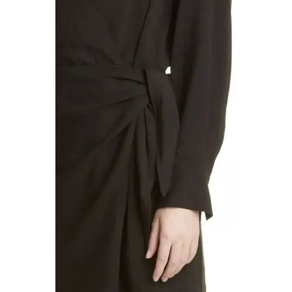 VINCE Long Sleeve Wrap Front Shirt Dress in Black Hammered Weave NWT Size XL