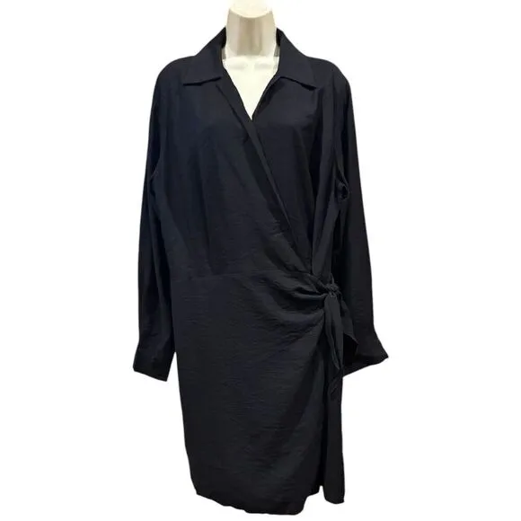 VINCE Long Sleeve Wrap Front Shirt Dress in Black Hammered Weave NWT Size XL