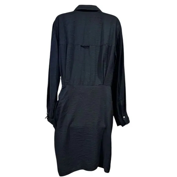 VINCE Long Sleeve Wrap Front Shirt Dress in Black Hammered Weave NWT Size XL