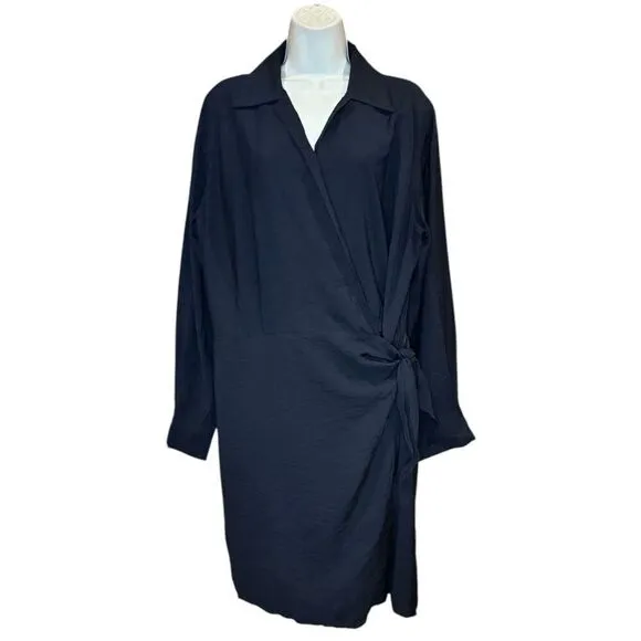 VINCE Long Sleeve Wrap Front Shirt Dress in Black Hammered Weave NWT Size XL