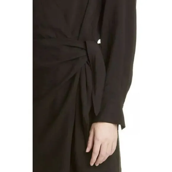 VINCE Long Sleeve Wrap Front Shirt Dress in Black Hammered Weave NWT Size XL