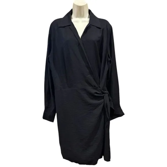 VINCE Long Sleeve Wrap Front Shirt Dress in Black Hammered Weave NWT Size XL