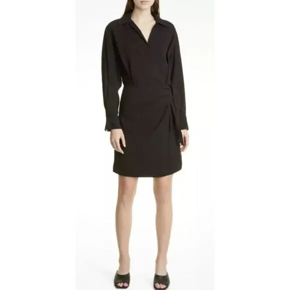 VINCE Long Sleeve Wrap Front Shirt Dress in Black Hammered Weave NWT Size XL