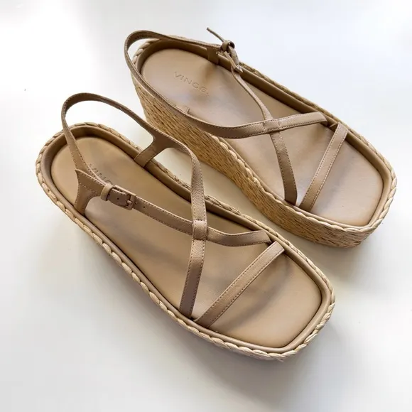 VINCE Maxine Espadrille Raffia Platform Sandals Strappy Leather Minimal Resort