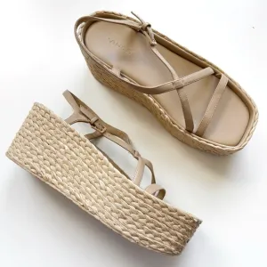 VINCE Maxine Espadrille Raffia Platform Sandals Strappy Leather Minimal Resort