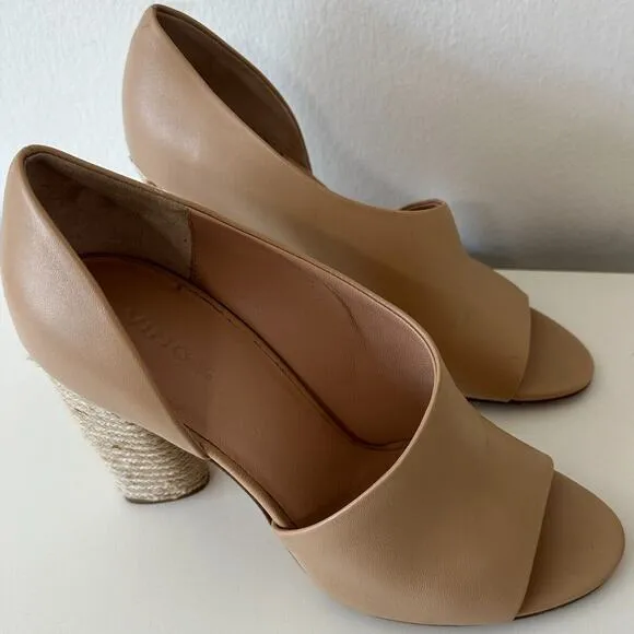VINCE Percey Taupe Leather Open Toe Block Heel Sandals Jute Wrapped Heels 8.5