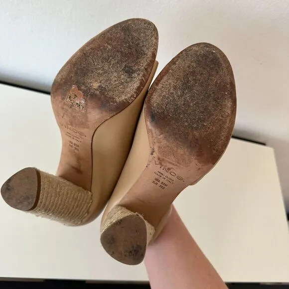VINCE Percey Taupe Leather Open Toe Block Heel Sandals Jute Wrapped Heels 8.5