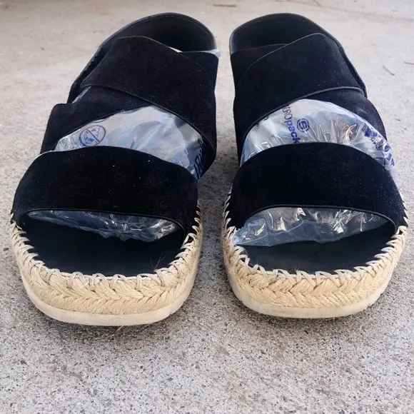 Vince Tenison Suede Espadrille Flat Sandal Black Jute Leather Size 10