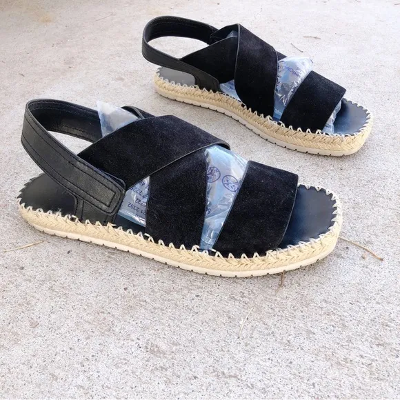 Vince Tenison Suede Espadrille Flat Sandal Black Jute Leather Size 10