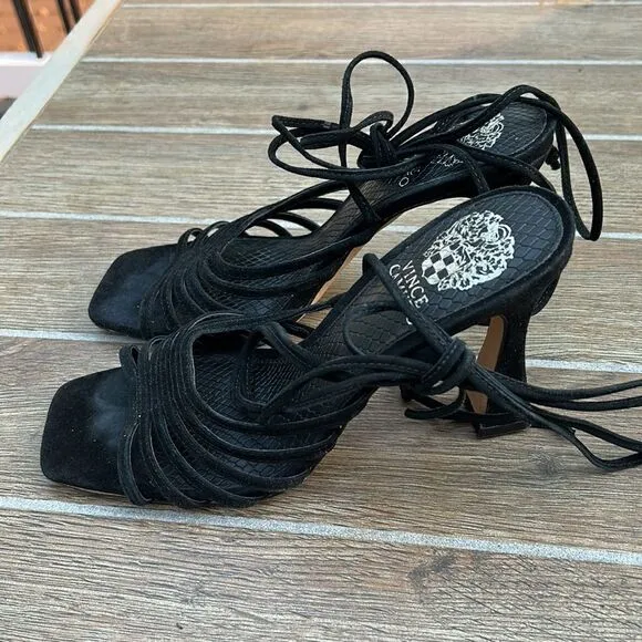 Vince Camuto black suede Roselian ankle wrap heels sandals size 7