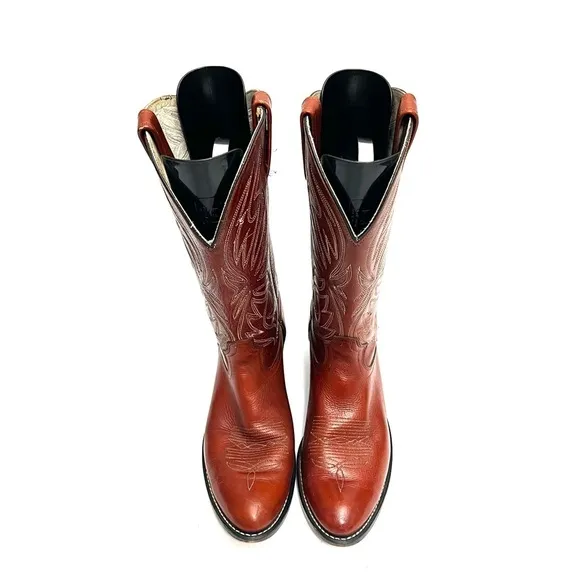 Vintage 1970s men’s brown leather western stitched cowboy boots